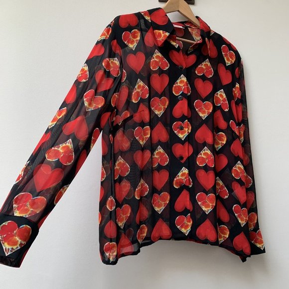 Vintage Sheer Betty Barclay Blouse Shirt Fit UK 14 Heart Pattern Black Red *Mend - Picture 5 of 11